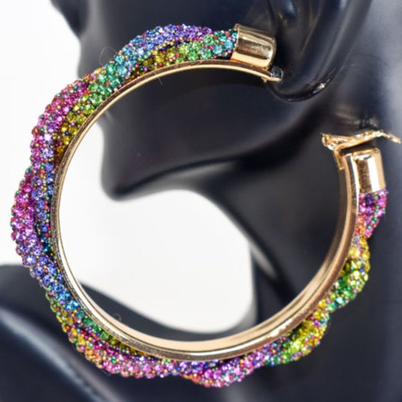 3" Braid Twist Multicolor Rhinestone Hoop Earrings - Picture 6 of 12